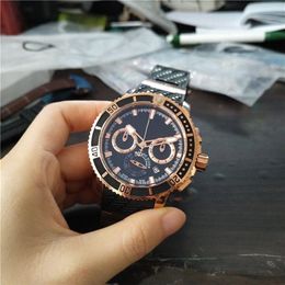 Top sell man watch Black face Stainless Steel Quartz movement mens wrist watch Stopwatch Rubber strap UN14258E