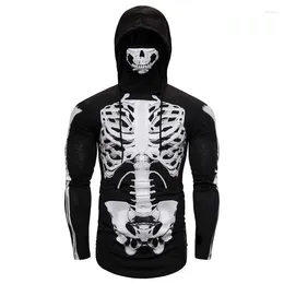 Men's T Shirts Fashion High Street Skeleton Shirt Streetwear Hip Hop Tees With Face Mask Skull Printed Hooded Pullover Tops Stretchy