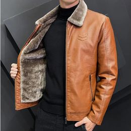 Korean Latest Fleece Fur Leather Jacket Men Winter Fashion Laple Zipper Straight Hem Formal Casual Coats Bomber 231227