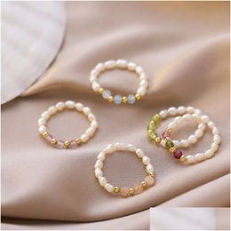 With Side Stones Handmade Crystal Natural Freshwater Pearl Ring Gold Beaded Elastic Rings For Women Fashion Jewellery Drop De Dhgarden Dhbel