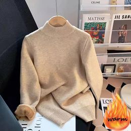 Women's Sweaters All-match Soft Half High Collar Plus Velvet Warm Thick Knitted Sweater Casual Simple Pullover Women Inner