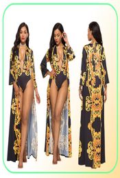 Sexy Printing Long Sleeve Cover up women s designer bathing suit Two Piece Set One Piece v neck Swimsuit sexy swimwear1015008