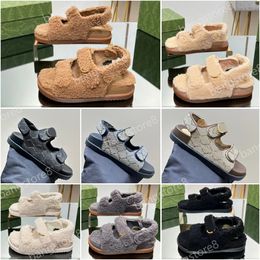 Merino Wool Sandals Designer Fluffly sandals Luxury Ladies Women Classic Metal Interlocking Letter Slingback Double Sandal Imported Wool Thick Sole Anti Slides