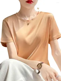 Women's Blouses 2023 Summer Women Office Lady Short Sleeve T-shirt Brand Fashion O-neck Acetate Satin Soft Smooth Tops Elegant Slik Tees