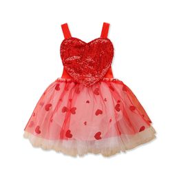 2024 Summer Little girls sequins love heart suspender dress kids Bows backless lace tulle dress Valentine's Day children party clothes Z6377