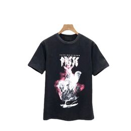 Europe 24ss Men Fly Horse Flame Print Washed Vintage Tee Women Skateboard Short Sleeve Designer T Shirt 1228