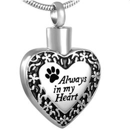 Always In My Heart Love Urn Necklaces Heart Pet Cat Dog Paw Print Memorial Cremation Ashes Holder Keepsake Stainless Steel Jewelry322h