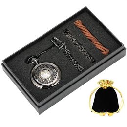 Bronze Vintage Skeleton Mechanical Hand Winding Unisex Pocket Watch Arabic Numbers Analogue Dial Watches for Men Women Gift Set2871