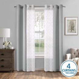 Curtain 4 Piece Embroidered Panel Set 27.5" X 84" Inches Grey