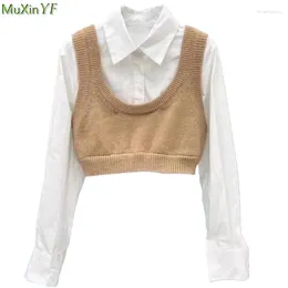Women's Blouses 2023 Spring Autumn Women Preppy White Shirt Knit Vest 2 Piece Set Korean Lady Graceful Short Blouse Sleeveless Sweater Tops