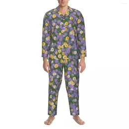 Men's Sleepwear Floral Ditsy Spring Yellow And Purple Casual Oversized Pajama Sets Male Long Sleeve Trendy Bedroom Pattern Home Suit