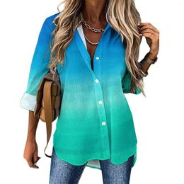 Women's Blouses Blue Green Blouse Women Watercolour Neon Ocean Streetwear Loose Autumn Long-Sleeve Elegant Shirts Graphic Top