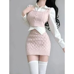 2023 Autumn Elegant Knitted Suit Even Party Clothing Korean Style 3 Piece Dress Set Office Lady Sweater Vest Mini Skirt 231227