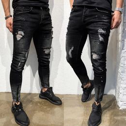 Jeans Men Fashion Street Hole Black Pencil Pants Motorcycle Party Casual Denim Trousers Zipper Cool Design 231227