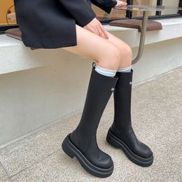 Designer Boots Knee-high Boots Women's Thick Soled And Fleece Tall Knight Boots New Autumn Winter Black Letter Round Toe Women For Long Coarse Shoes Size 34-39