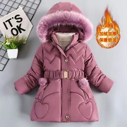 4 5 6 8 10年冬の女の子のコートは暖かく厚くし続けるジャケットフード付きジッパーファーカラープリンセスアウターウェアチルドレン服231228