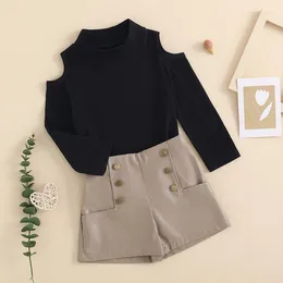 Clothing Sets Toddler Children Girl Short Autumn Clothes Cold Shoulder Long Sleeve Tops And Leather Shorts Suits Baby Items