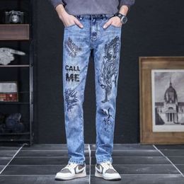 Handsome Personalised Retro Printed Pattern Men's with Slim Fit Trendy and Versatile Youth Elasticity Skinny Jeans Men