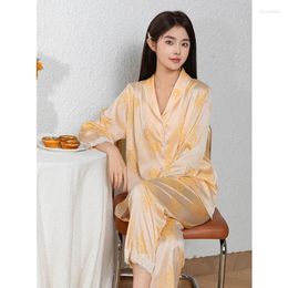 Womens Sleepwear Jacquard Satin Pyjamas Sleep Set Women Home Clothes Lapel Long Sleeve Shirt Pants Loungewear Spring Pijamas Suit