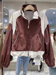 Women's Trench Coats Women Cropped Jacket Oversized Y2k Harajuku Zip Up Windbreaker Korean Streetwear Patchwork Lightweight Jackets Spring