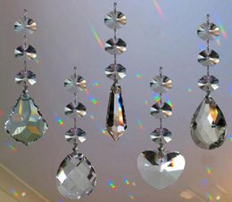 5pcs Crystal Chandelier Lamp Prisms Part Hanging Glass Teardrop Pendants with Octagon Beads Silver Jump Rings Connector3498540