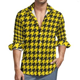 Men's Casual Shirts Yellow Black Houndstooth Male Vintage Print Shirt Long Sleeve Stylish Blouses Autumn Printed Clothing Large Size