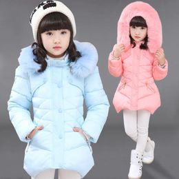 2023 Winter Girls Jacka Solid Color Mid Length Thicken Cold Protection Hooded Down Cotton Windbreaker Coats för 4 12 år gammal 231228