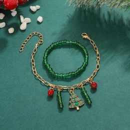 Link Bracelets 2Pcs Beaded Bracelet For Women Personality Christmas Tree Green Bead String Present Festival Jewellery Accessorie