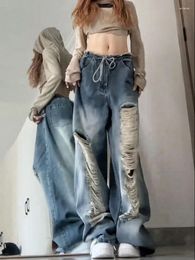 Women's Jeans Woman Loose Denim Pants Straight Leg Tie-dyed Floor-Length Wash Ripped Hole Asymmetrical Vintage Design Tide Hip-hop