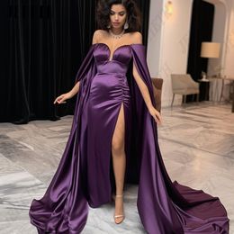 Purple Evening Dresses with Cape Sleeve Off the Shoulder Side Split Celebrity Gown Plus Size Womens Formal Dress