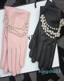 Glove Real Leather Pearl Decoration Short Thin Keep Warm Plus Velvet Female Elegant Black Pink