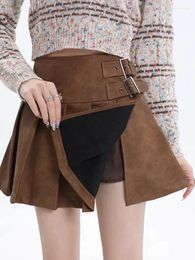 Skirts Stylish Coffee Colour Tie Dye Pu Leather Skirt Irregular A Line Pleated Mini For Women Fall Winter 2023