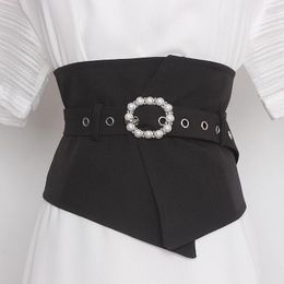 Belts Women's Runway Fashion Pearl Buckle Black Fabric Cummerbunds Female Dress Corsets Waistband Decoration Wide Belt TB1760