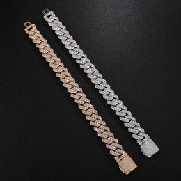 Hip Hop 10MM 12MM 14MM 2Row Cuban Prong Chain Bling Iced Out Box Buckle Copper Cubic Zirconia Bracelet For Men Jewellery Link 262H
