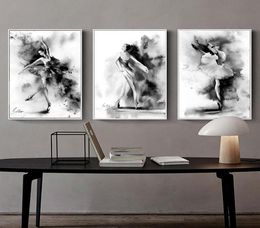 3 pçsset preto branco bailarina arte pintura moderna arte abstrata imagem ballet dança menina lona cartaz casa decor5197413