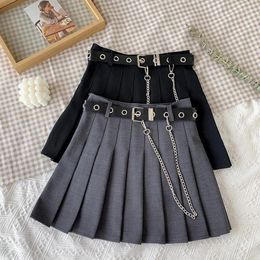 Skirts Punk Mini Skirt Women Chain Belt Rock Belted Pleated Gothic Korean Casual Y2K Harajuku Solid Spring Autumn