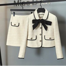 Two Piece Dress Small Fragrance Luxury Tweet Jacket Ladies Bow Short Coat Women 2023 Autumn Winter Elegant Skirt Suits Set Outfit