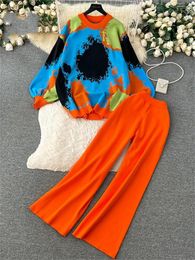Women's Pants Winter Fashion Thick Sweater Suits 2024 Tie-dye Loose Pullover Elastic Long Print Casual Knitted Two Pieces Sets