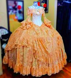 Ivory And Orange Mediaeval Lace Prom Dresses For Women 2024 Ball Gown Bell Long Sleeve Vintage Victorian Special Occasion Dress Bateau Neck