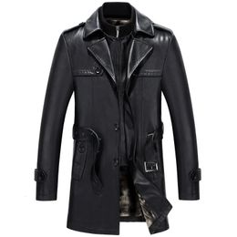 Free shiping black sheepskin soft matte men smart casual long style leather trench thick warm coat over on sale 231227