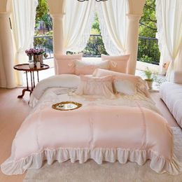 Bedding Sets Lovely Sweet Pink White Ruffles Set Patchwork Embroidery Bamboo Lyocell Silky Soft Duvet Cover Bed Sheet 2Pillowcases