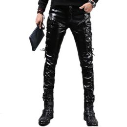 Men's Leather Pants Punk Style Skinny Lace Up Party Stage Performance Night Club Steampunk Faux PU Leather Trousers 231228