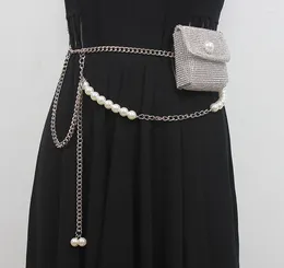 Belts Women's Runway Fashion Diamonds Bag Pearl Chain Cummerbunds Female Dress Corsets Waistband Decoration Narrow Belt R2501