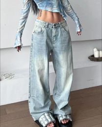 Women's Jeans American Fashion Classic Tie Washed High-waisted Wide-leg Denim Trouser Floor-length Pants For Men And Women Y2K Casual