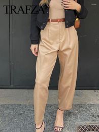 Women's Pants TRAFZA Women Fashion Solid Pant With Belt Pleated Vintage High Waist Side Pockets Zipper Female Trousers Mujer