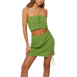 Work Dresses 2023 Fashion Ladies Knitted Leisure Suit Front Tie Up Strapless Sleeveless Backless Midriff-baring Tops Split Short Skirt Set