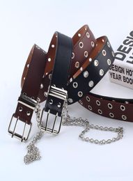 Women Punk Chain Fashion Belt Adjustable Black DoubleSingle Eyelet Grommet Leather Buckle Belt6960051