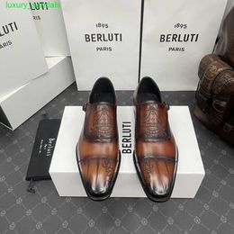 BERLUTI Men's Dress Shoes Leather Oxfords Shoes Berlut New Men's Scritto Pattern Buckle Mengke Shoes Calf Leather Polished Business Dress Leather Shoes HB2L