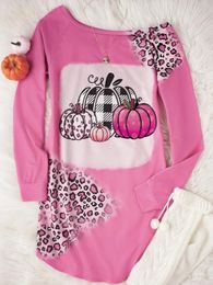 Casual Dresses Pumpkin Leopard Plaid Bleached Sweatshirt Dress Autumn Winter O Neck Long Sleeve Women 2023 Fashion Ladies Mini