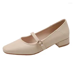 Dress Shoes Mary Janes Women Low Heels 2023 Spring Square Toe Lady Pumps Apricot Black Beige One Word Buckle SmallHut Brand